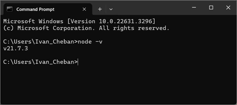 Command Prompt with Node.js version